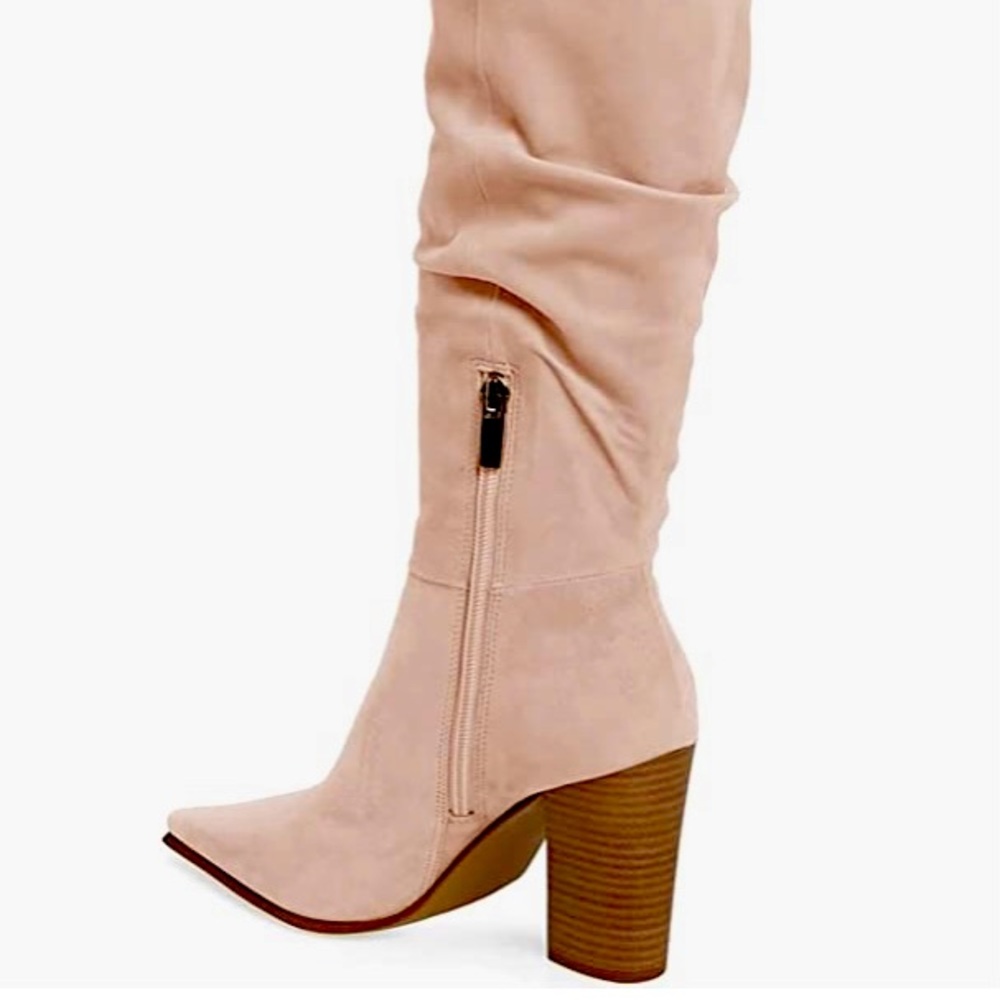 Faux Suede Knee High Boots Pointed Toe High Chunky Heel Side Zipper Booties